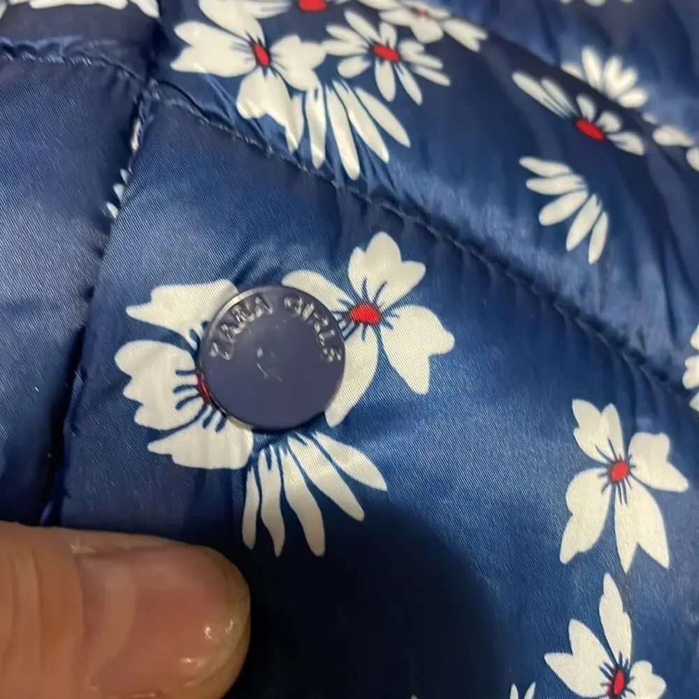Zara girls 6 blue white floral front zip with pockets puffer jacket euc
